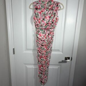 Alexia Admor Floral Ruched Midi Dress Pink Green Sleeveless XS